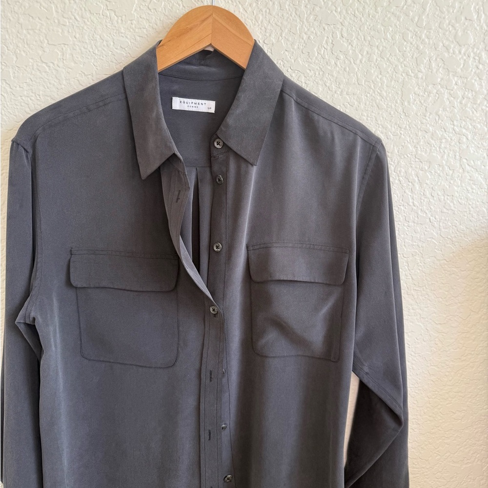 Equipment Femme Signature Silk Long Sleeve Collar Shirt 100% Silk S Black / Gray - Picture 3 of 7